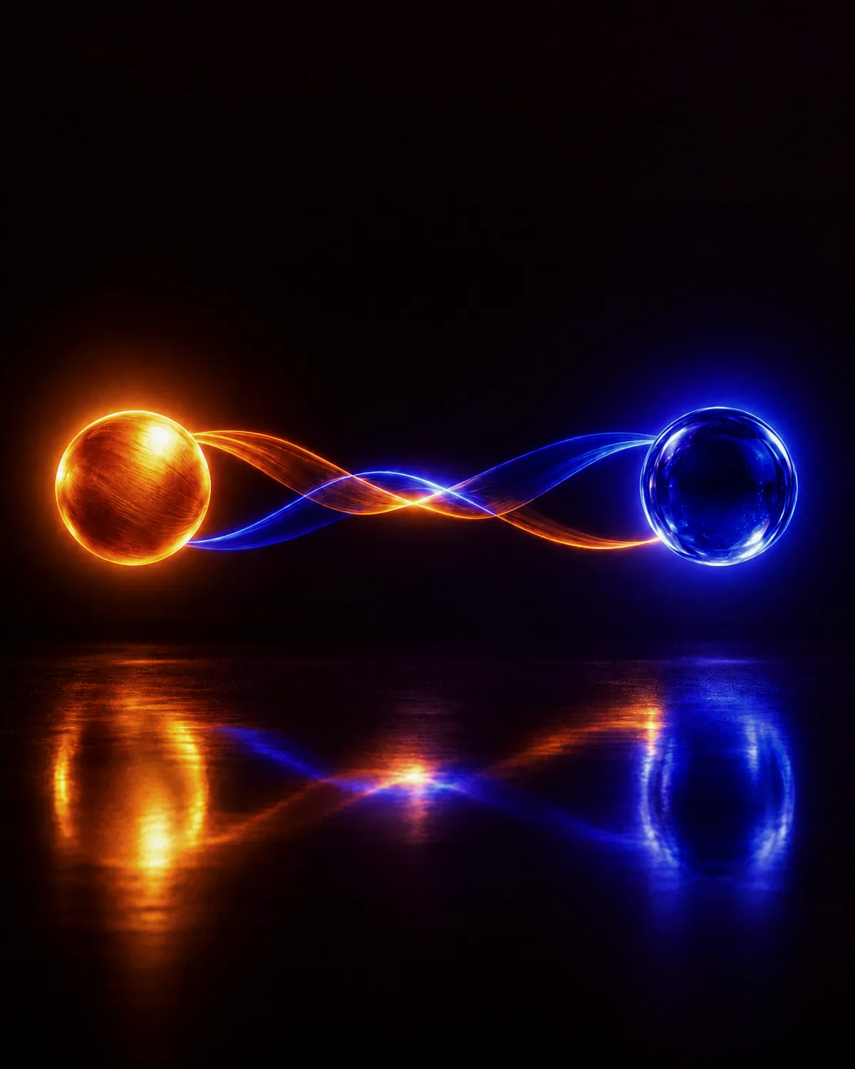 Two glowing spheres, amber and indigo, joined by ribbons of light